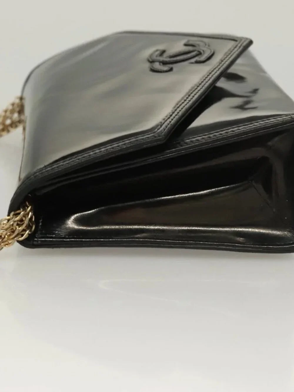 CHANEL Chain Shoulder Bag Enamel Black Gold CC Auth bs27175